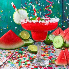 Fiesta Fiesta: Vibrant colors of a fiesta-inspired margarita, featuring layers of red, green, and white from watermelon, cucumber, and coconut flavors, garnished with festive mini pinwheels & confetti