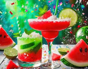 Fiesta Fiesta: Vibrant colors of a fiesta-inspired margarita, featuring layers of red, green, and white from watermelon, cucumber, and coconut flavors, garnished with festive mini pinwheels & confetti