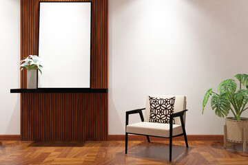 Scandinavian  foyer room with chais & frame mock up on the wall. Design 3d rendering of white and light woods. Design print for illustration, presentation, mock up, interior, zoom, background. Set 1