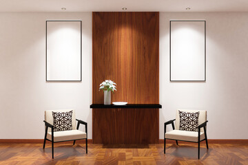 Scandinavian  foyer room with chairs & frame mock up on the wall. Design 3d rendering of white and light woods. Design print for illustration, presentation, mock up, interior, zoom, background. Set 2