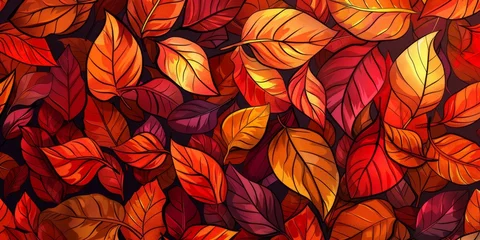 Fototapeten Background Texture Pattern Cel-Shaded Autumn Leaves Design that captures the cozy essence of autumn in vibrant reds, oranges, and yellows created with Generative AI Technology © Sentoriak