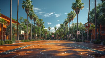 Ball at basketball court on sunny day ai generated