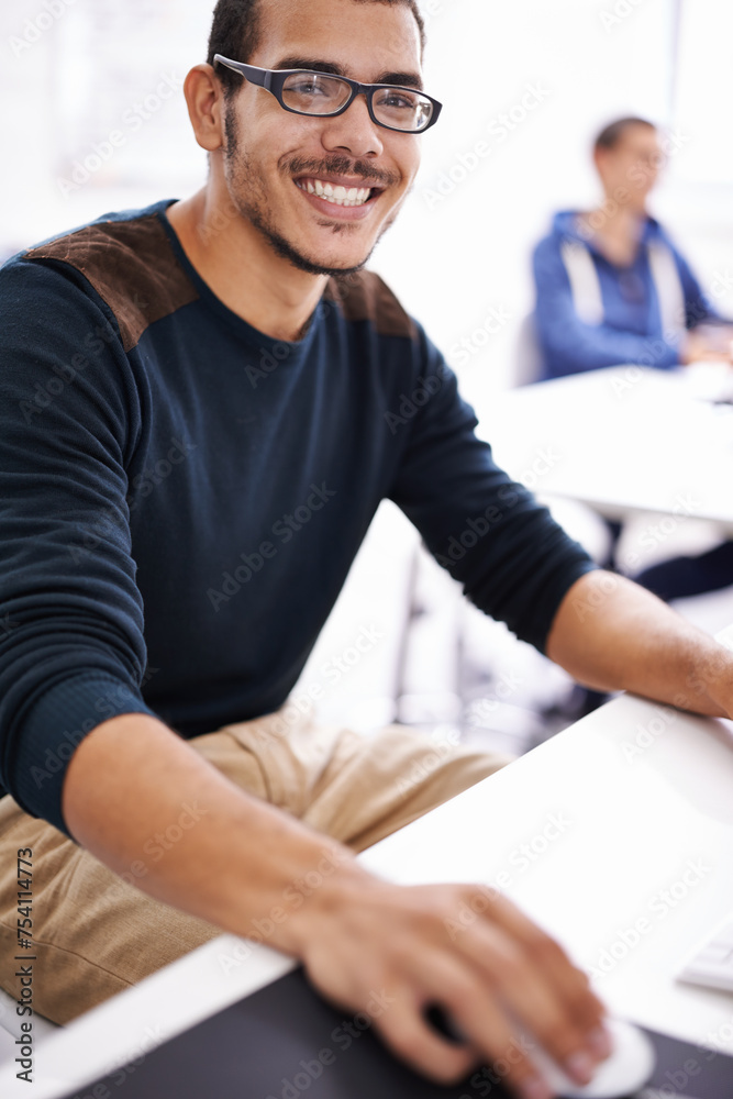 Poster happy man, portrait and glasses with computer for research and development in creative startup at of