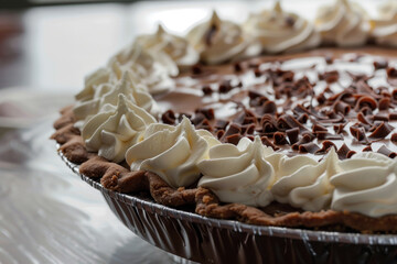 Chocolate cream pie with whipped cream swirls and chocolate shavings on top.