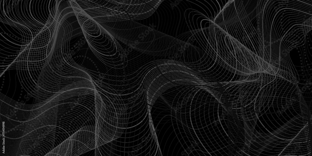 Aufkleber Acrylic abstract lines with wave swirl curve on pour black and gray art. abstract fractal background. Dynamic particles wave. Black background with modern line design template. Vector illustration.