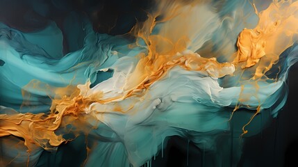 Interplay of liquid gold and emerald green in a burst of explosive energy, creating a dramatic and intense abstract showcase