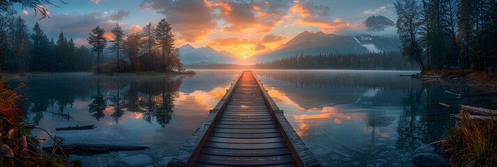 Boardwalk Over One Mile Lake at Sunrise, Pemberton ,
Train tracks with a sunset in the background
