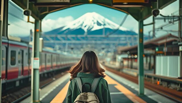 Solo Traveler Back View,  a woman walking in Train Station, japan mountain, Cool Tones
