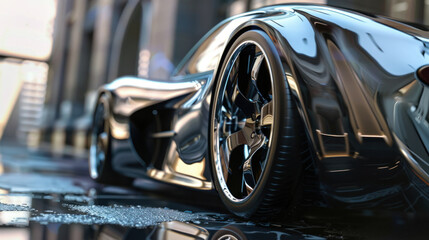A sleek, futuristic sports car with a glossy finish reflects the city's pulse on wet asphalt.
