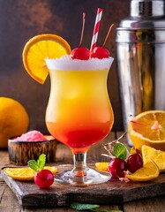 Tequila Sunrise: A margarita variation inspired by the classic tequila sunrise cocktail, layering vibrant hues of orange juice and grenadine, garnished with a skewer of maraschino cherries and oranges