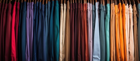 A closet packed with an assortment of different colored shirts neatly hung and stacked, creating a vibrant and colorful display.