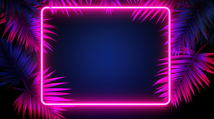 Obraz premium Neon frame with tropical leaves