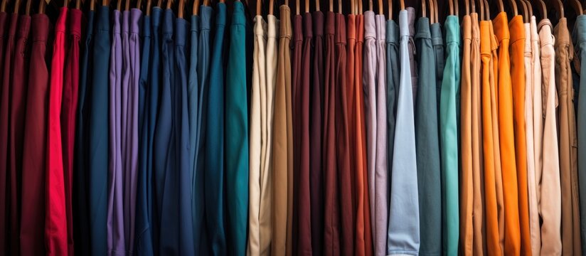 A closet packed with an assortment of different colored shirts neatly hung and stacked, creating a vibrant and colorful display.