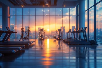 Sunset view over a modern gym with treadmills and exercising people silhouetted against the city...