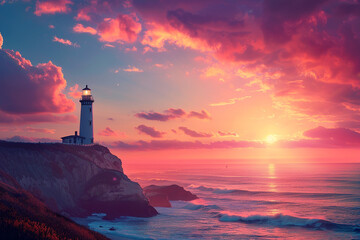 A lighthouse standing tall on a cliff overlooking a beach - obrazy, fototapety, plakaty