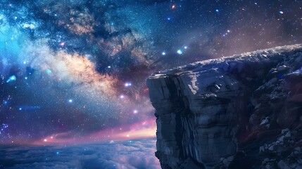 Majestic cosmic landscape with a mountain cliff under starry sky. ethereal universe background. ideal for storytelling. space-themed visual art. AI