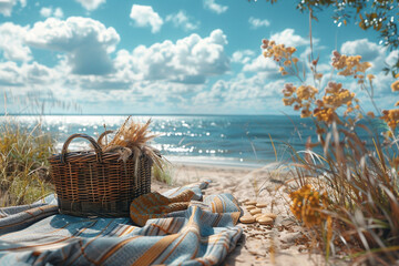 A beach picnic with a blanket and basket full of treats
