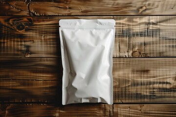 Blank white packaging pouch on wooden background, concept of brand design and packaging mockup