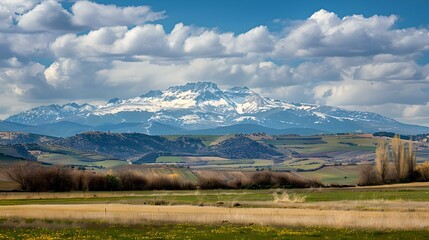 Fototapeta premium Serene mountain landscape with fluffy clouds over snow peaks. nature's beauty captured in bright daylight for calming wall art. AI