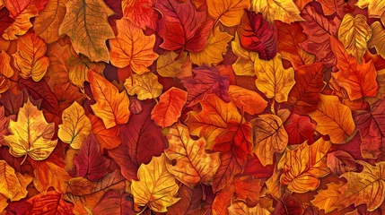 Meubelstickers Background Texture Pattern Cel-Shaded Autumn Leaves Design that captures the cozy essence of autumn in vibrant reds, oranges, and yellows created with Generative AI Technology © Sentoriak