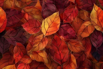 Foto auf Leinwand Background Texture Pattern Cel-Shaded Autumn Leaves Design that captures the cozy essence of autumn in vibrant reds, oranges, and yellows created with Generative AI Technology © Sentoriak
