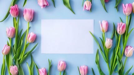 White paper surrounded by pink tulips on blue background. flower spring summer nature freshness copy space.,generative ai,