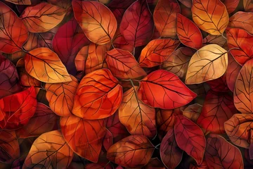 Wandcirkels plexiglas Background Texture Pattern Cel-Shaded Autumn Leaves Design that captures the cozy essence of autumn in vibrant reds, oranges, and yellows created with Generative AI Technology © Sentoriak
