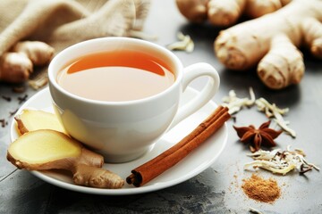 Steaming Cup of Ginger Tea With Fresh Slices on a Rustic Table During Winter