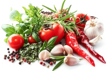 A colorful display of fresh herbs, including basil and mint leaves, with red chili peppers,  and assorted spices