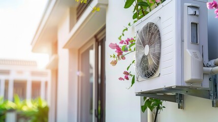 Cutting-edge technology: This air heat pump combines innovation and functionality. Air heat pump for cooling or heating a house on the wall of a building. - obrazy, fototapety, plakaty