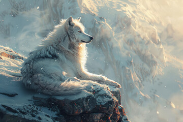 a wolf, in the style of realism, procreate, snowy mountain, fur detail, wintercore, white, facebook - obrazy, fototapety, plakaty