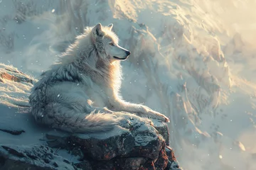 Keuken spatwand met foto a wolf, in the style of realism, procreate, snowy mountain, fur detail, wintercore, white, facebook © AI By Ibraheem