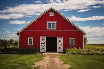 Fototapeta na wymiar Red barn on a farm in summer, agriculture, wooden construction.