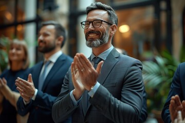Joyful mature businessman clapping at corporate event, concept of success and appreciation in business