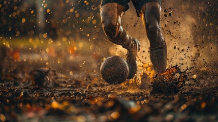 A player running with the ball on a muddy field, mud splattering, highlighting the tough conditions and the player's determination. 8k