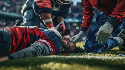 A player receiving treatment for an injury on the sideline, showcasing the physical toll of the game and the care between players and medical staff. 8k