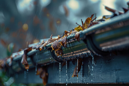 Autumn leaves clogging a home storm gutter on a rainy day.