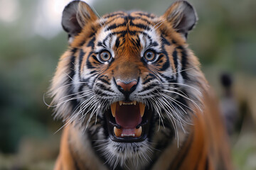 Obraz premium Portrait of tiger face, roaring, closeup, dynamic lighting, telephoto lens 70-200mm.