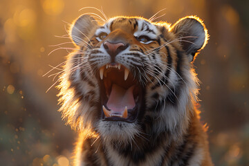 Portrait of tiger face, roaring, closeup, dynamic lighting, telephoto lens 70-200mm.