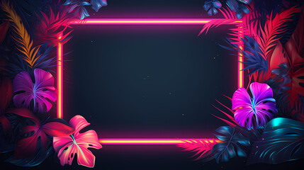Neon frame with tropical leaves