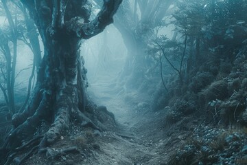 A narrow path leading through a mist-covered forest, with tall, ancient trees whose roots intertwine with the undergrowth. 
