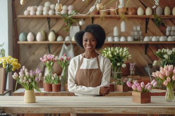 Beautiful African woman in cute flower shop. Generative Ai  - 754118169