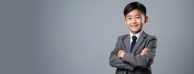 portrait of cute Asian boy in business suit in grey isolated background