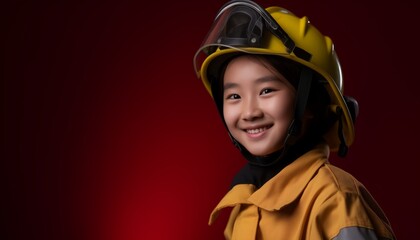 portrait of cute Asian girl in firefighter uniform in red isolated background