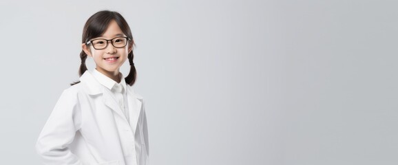 portrait of cute Asian girl wearing lab coat in white isolated background - Powered by Adobe