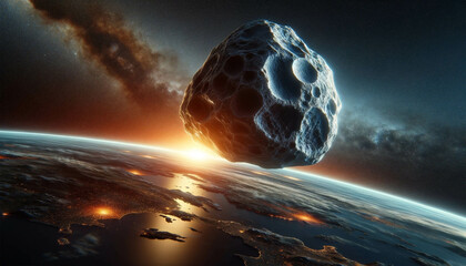 A large asteroid is flying towards Earth. The asteroid glows from the friction of the Earth's atmosphere.