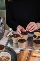 Aussaat im Torftopf, Topf mit Erde füllen, Gemüse selber anpflanzen
