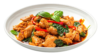 Stir-Fried Chicken with Holy Basil on isolated on transparent png background. Generative ai
