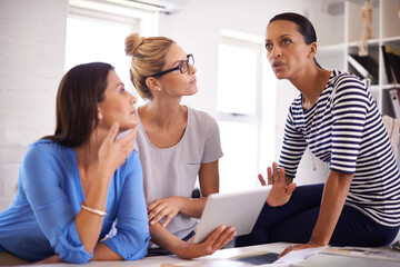 Teamwork, discussion and business women with tablet for website, online project and planning. Collaboration, startup company and workers on digital tech for research, feedback and conversation