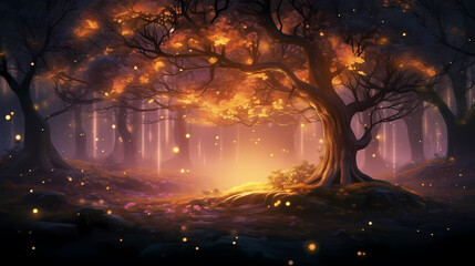 Charming forest landscape of trees at dusk illuminated by twinkling lights - obrazy, fototapety, plakaty